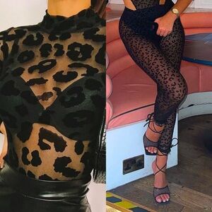 NWT Black Velvet Cheetah Leopard Mesh Set (Bodysuit + Leggings)